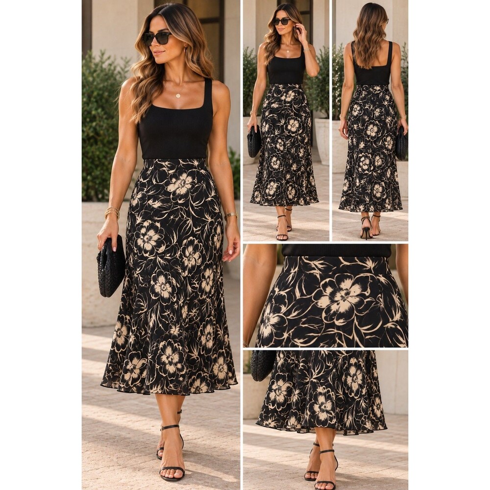 Lauren Ralph Lauren Black/Ivory Floral Chiffon Midi A-Line Skirt Sz 14